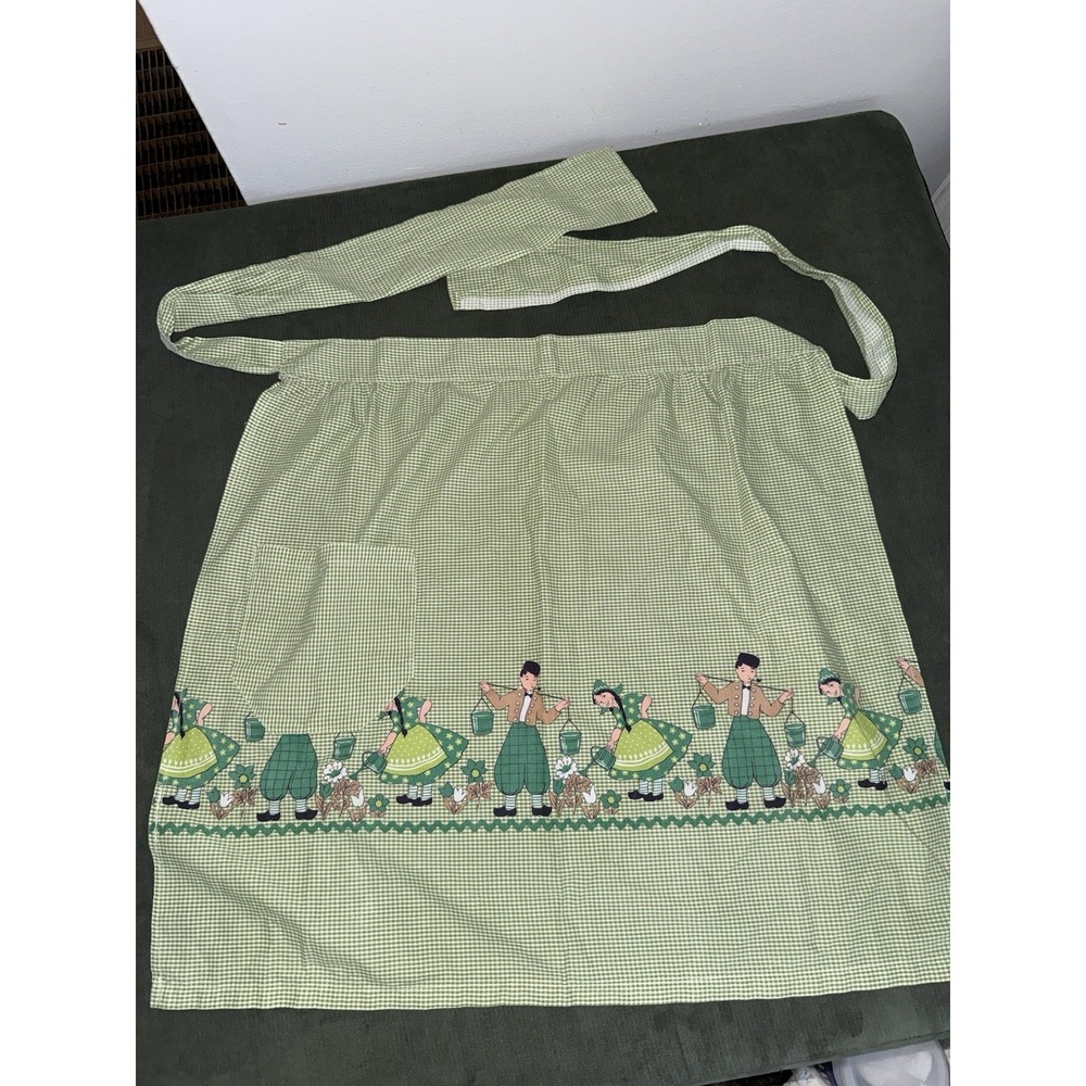 Vintage Green‎ Gingham Apron Holland Dutch Girl & Boy Tulip Print Adjustable